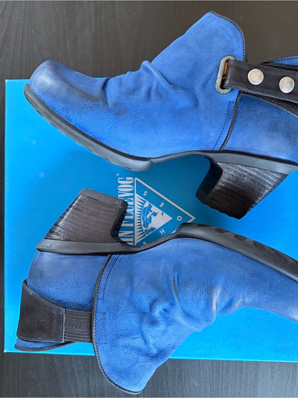 John Fluevog Blue Suede Ankle Boots with Stud Strap